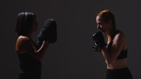 Studioaufnahme-Von-Zwei-Reifen-Frauen-In-Fitnesskleidung,-Die-Gemeinsam-Boxen-Und-Sparring-Trainieren,-Aufgenommen-Im-Profil